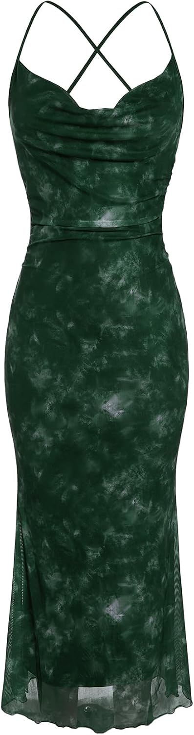 Floral Mesh Cowl-Neck Cami Maxi Dress in Multi Green