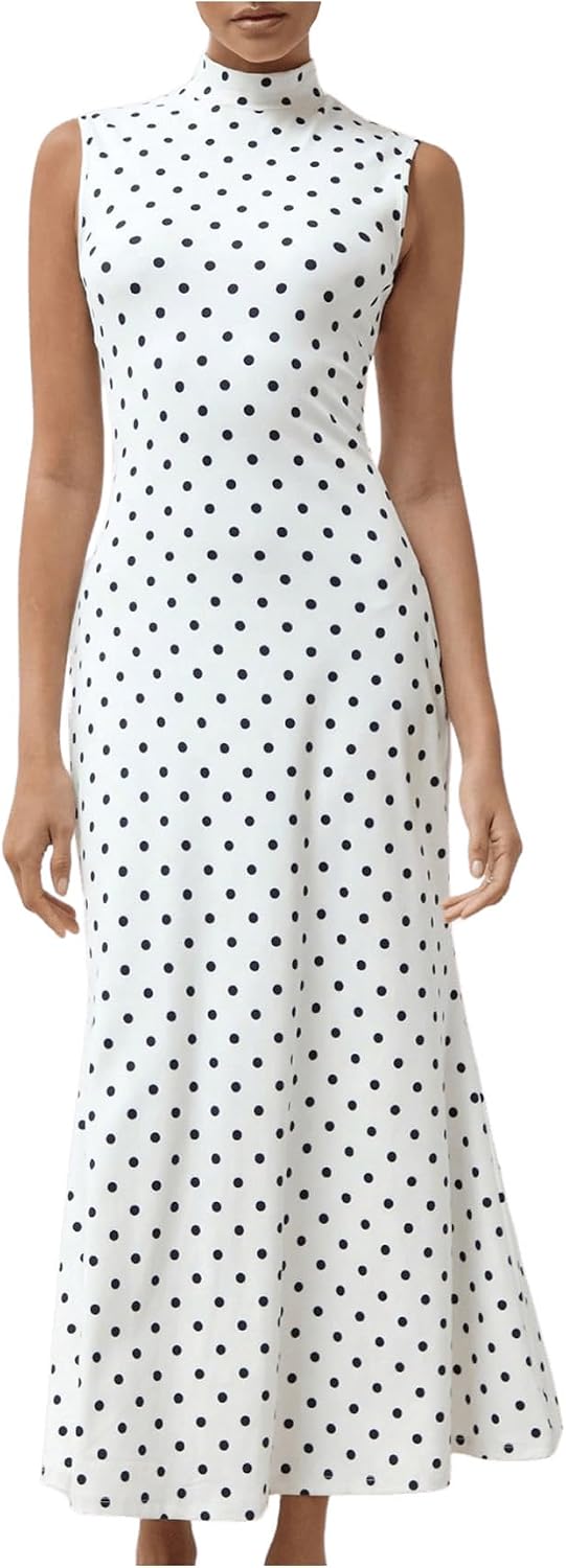 Polka Dot Mock-Neck Sleeveless Maxi Dress in Black and White