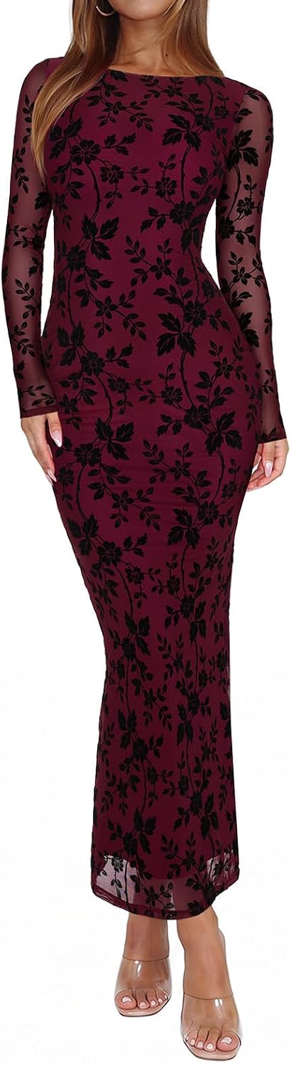 Sheer Mesh Long-Sleeve Floral Bodycon Maxi Dress in Cocoa Burgundy Flower