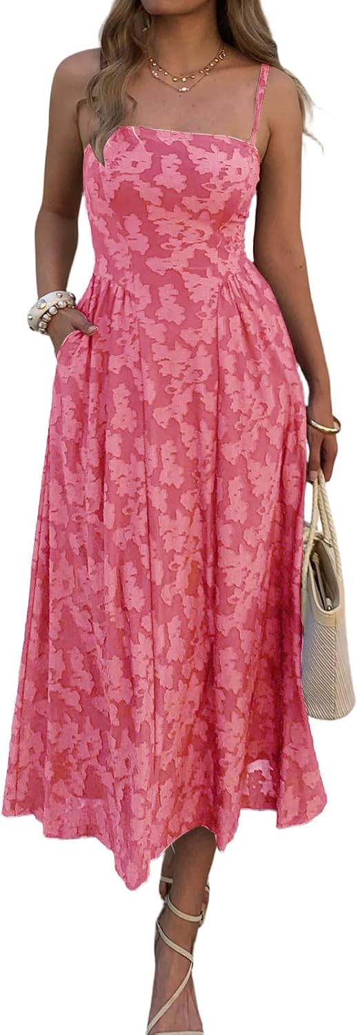 Floral Jacquard Square-Neck Maxi Dress in Hot Pink
