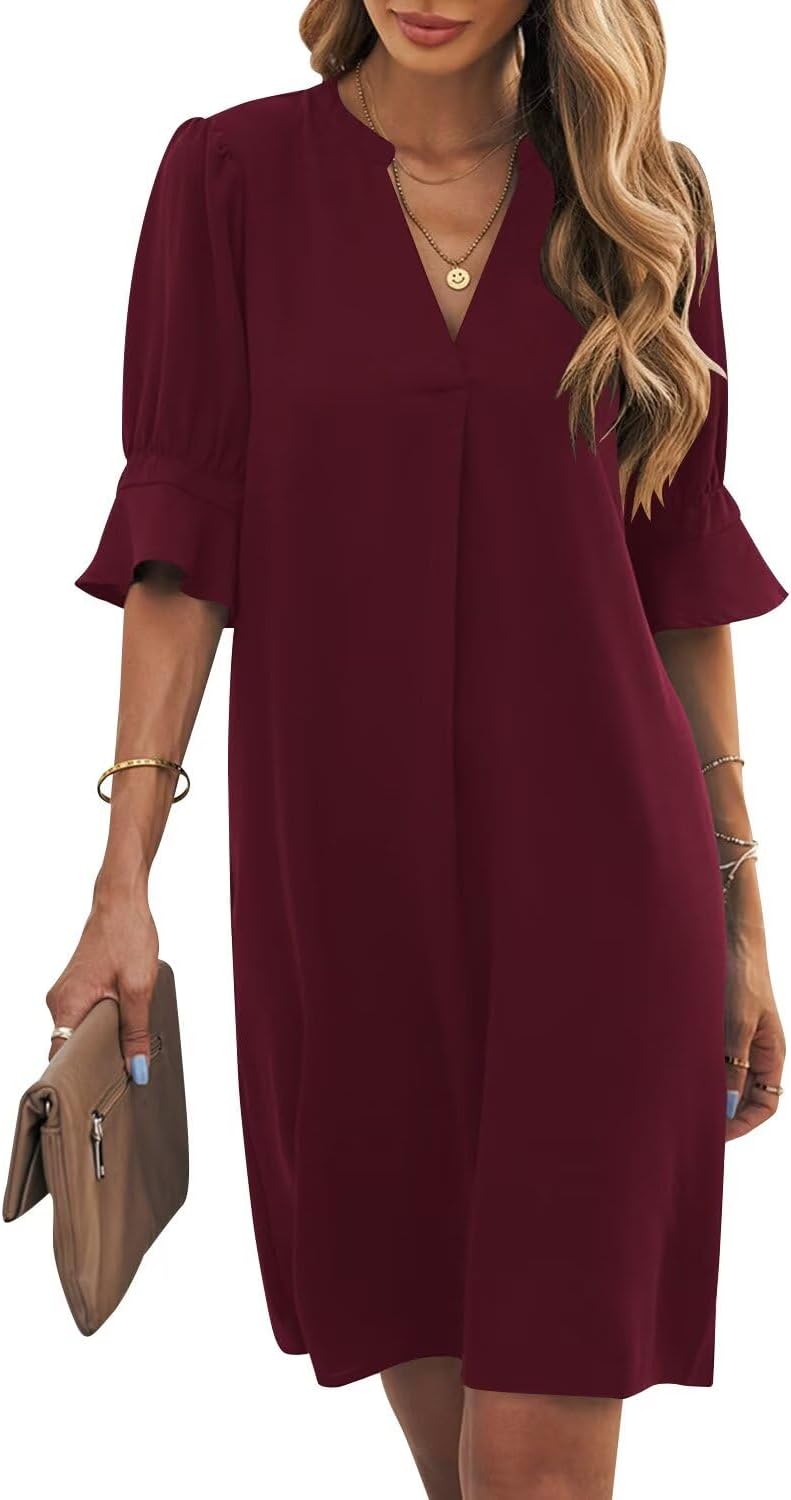 Ruffle-Sleeve V-Neck Swing Shift Mini Dress in Wine Red