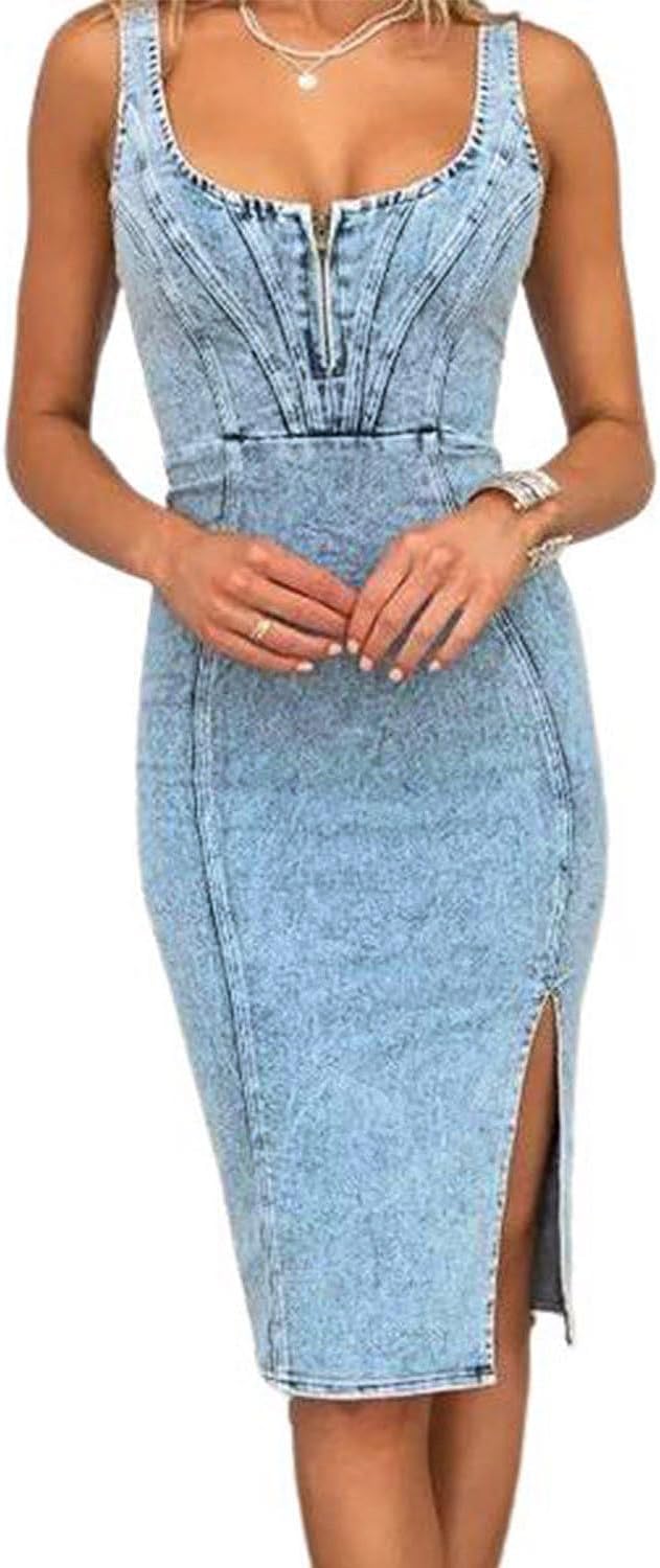 Sleeveless Denim Bodycon Midi Dress in Light Blue