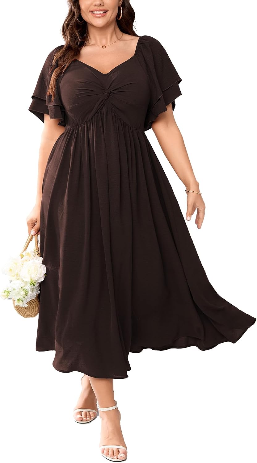Plus Size Sweetheart Ruffle-Sleeve A-Line Maxi Dress in Brown