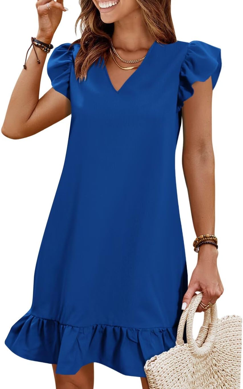 Flutter-Sleeve V-Neck Ruffle-Hem Mini Sundress in Royal Blue