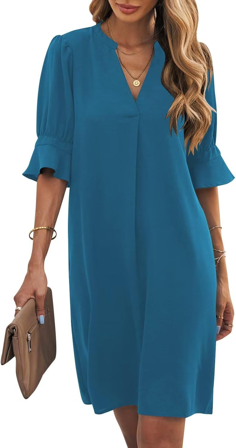 Ruffle-Sleeve V-Neck Swing Shift Mini Dress in Indigo