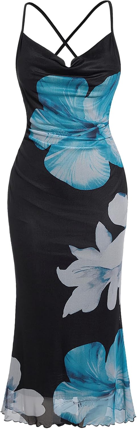 Floral Mesh Cowl-Neck Cami Maxi Dress in Blue Floral