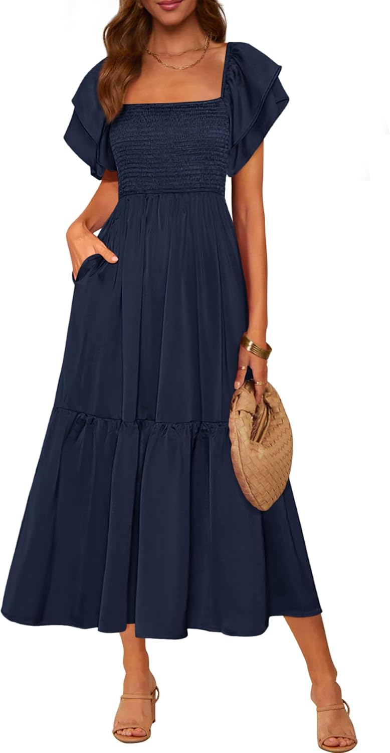 Smocked Square-Neck Ruffle-Sleeve Tiered Midi Dress in Navy