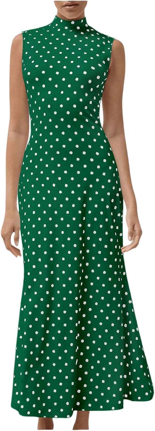 Polka Dot Mock-Neck Sleeveless Maxi Dress in Dark Green