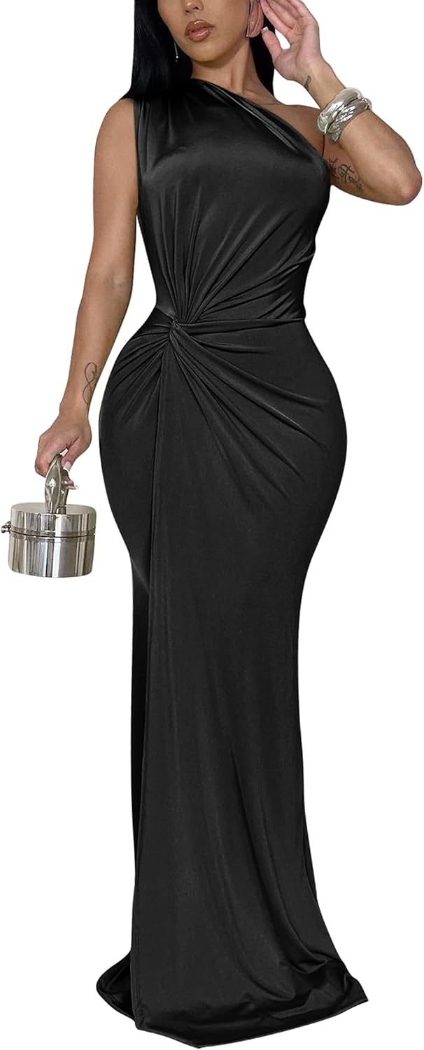 One-Shoulder Twist-Waist Sleeveless Maxi Dress in Black