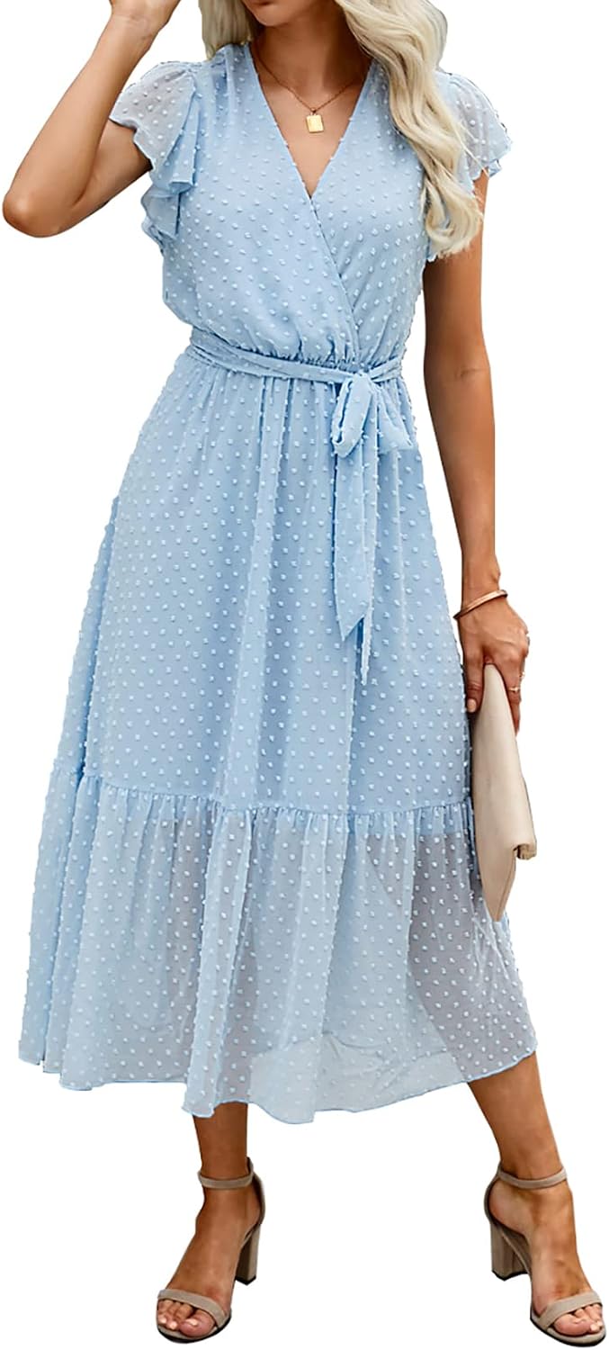 Swiss Dot Wrap V-Neck Belted Midi Dress in Swiss Dot Light Blue