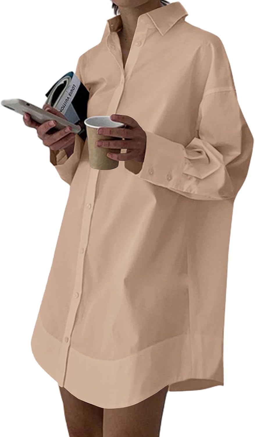 Collared V-Neck Long-Sleeve Button-Down Shirt Dress in Khaki