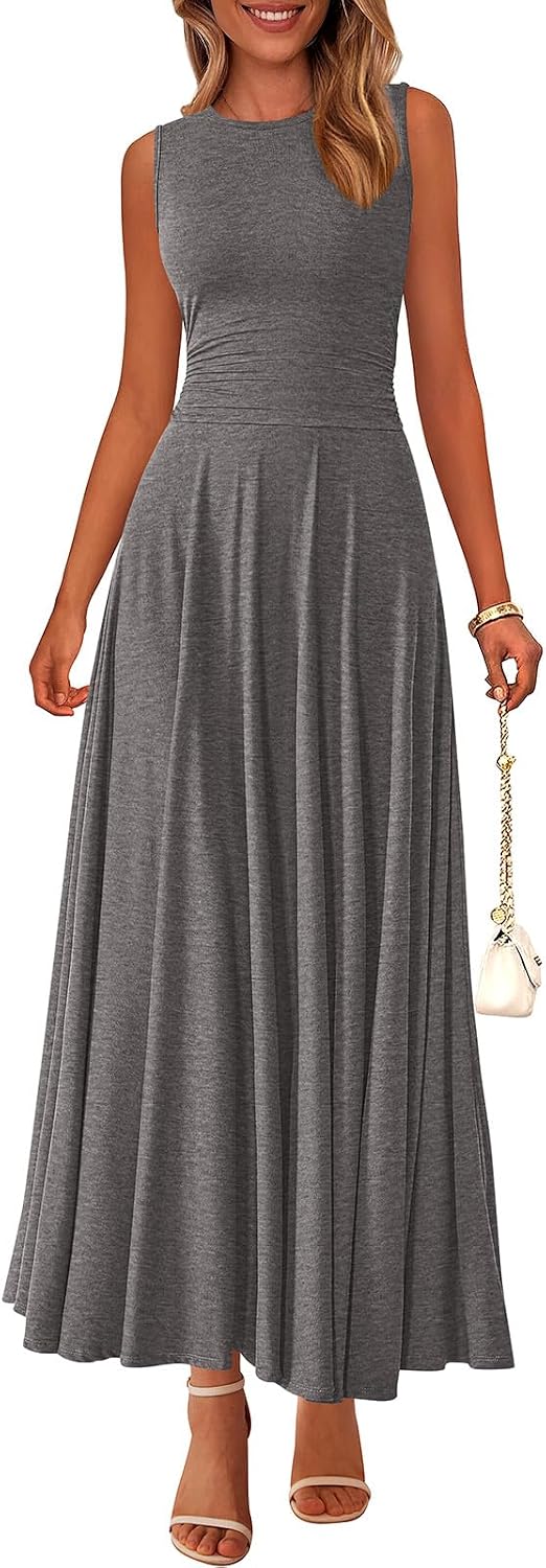 Rib Knit Crew-Neck Sleeveless A-Line Maxi Dress in Dark Grey