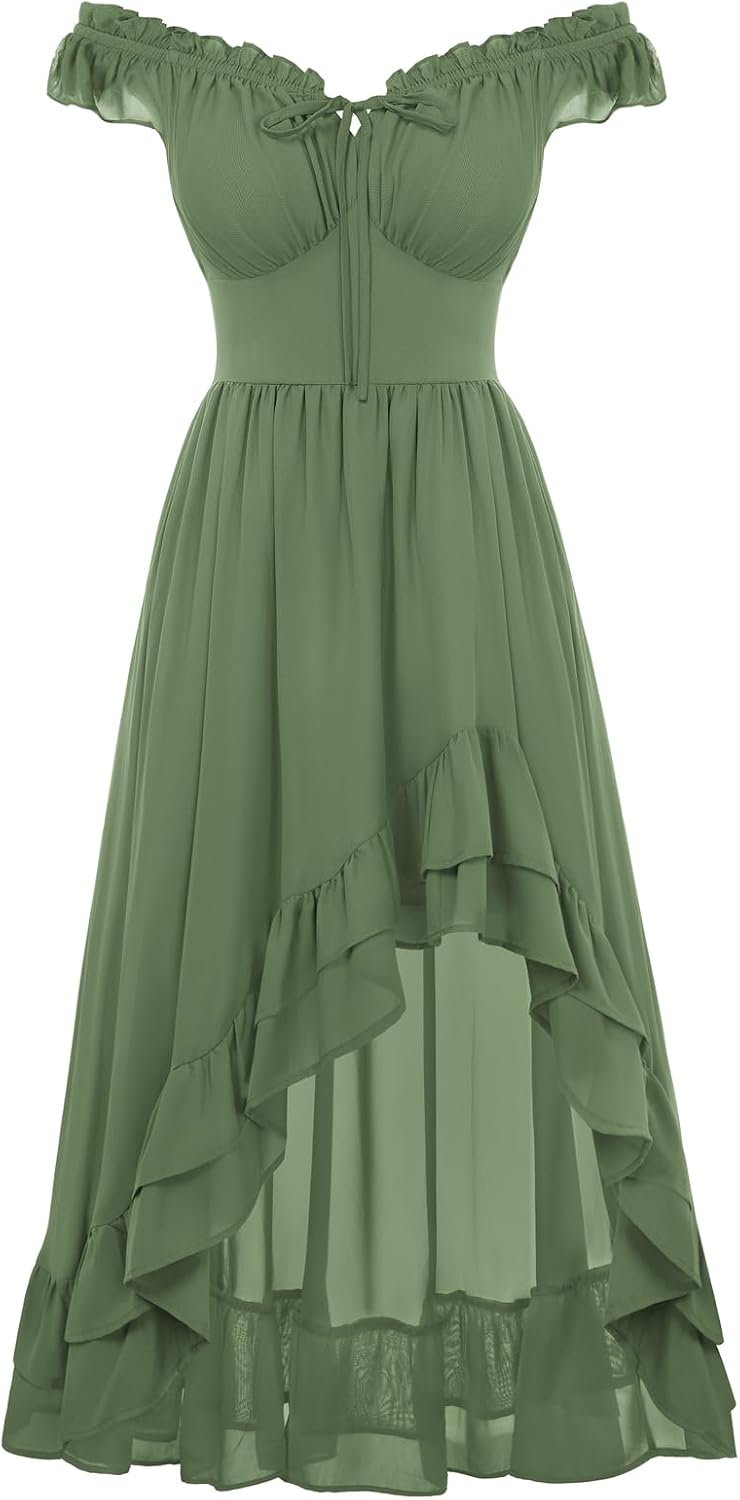 Off-Shoulder Chiffon Corset High-Low Dress in Olive Green