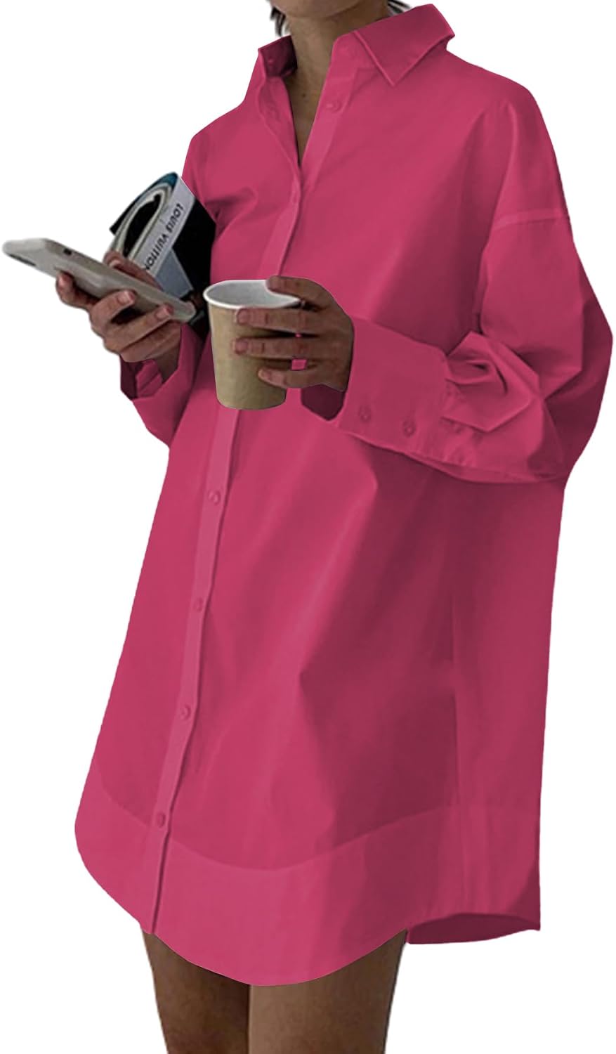 Collared V-Neck Long-Sleeve Button-Down Shirt Dress in Rose