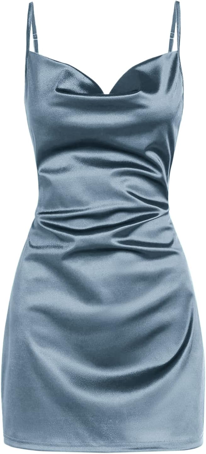 Satin Cowl-Neck Spaghetti Strap Slip Mini Dress in Blue