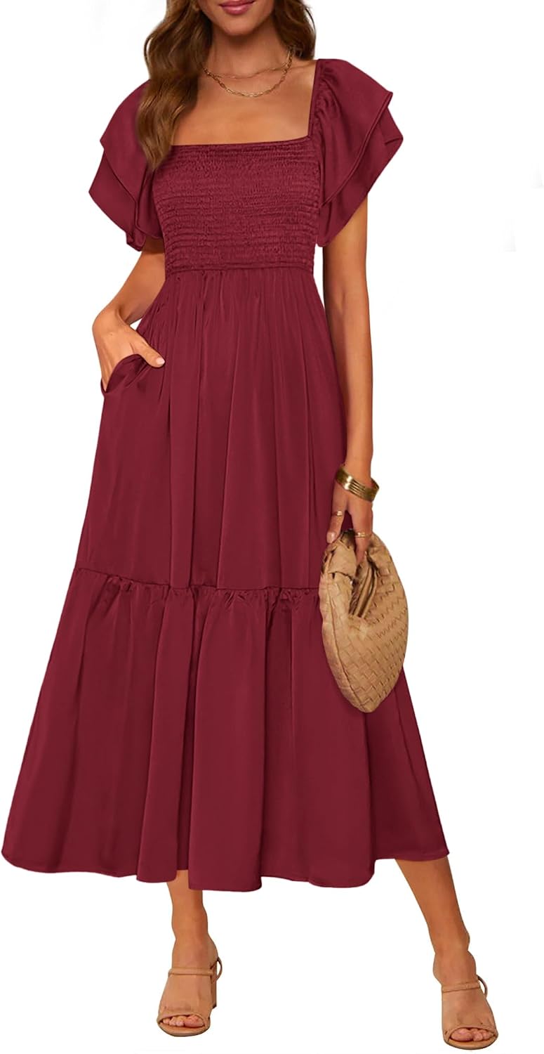 Smocked Square-Neck Ruffle-Sleeve Tiered Midi Dress in Wine Red