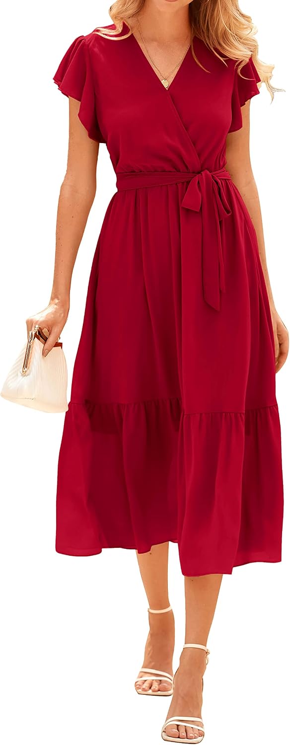 Swiss Dot Wrap V-Neck Belted Midi Dress in Solid Red