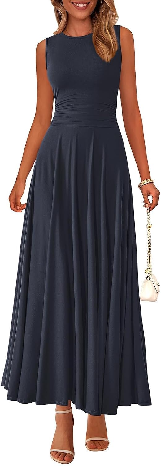 Rib Knit Crew-Neck Sleeveless A-Line Maxi Dress in Navy