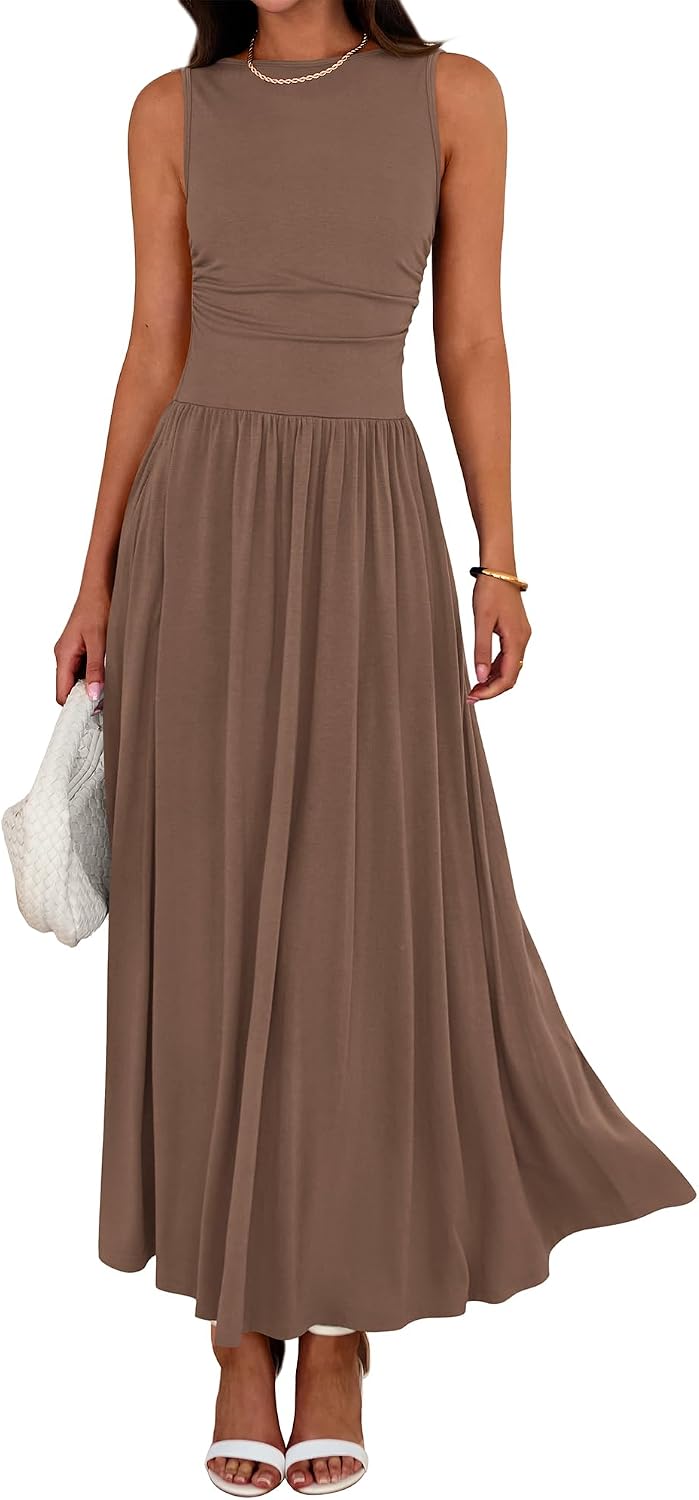 Crew-Neck Ruched Tank Maxi Dress in Khaki