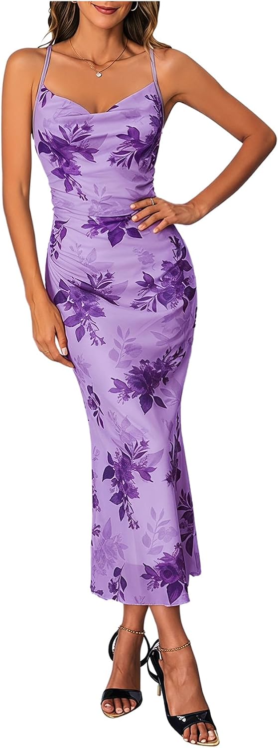 Floral Mesh Cowl-Neck Cami Maxi Dress in Mauve Purple