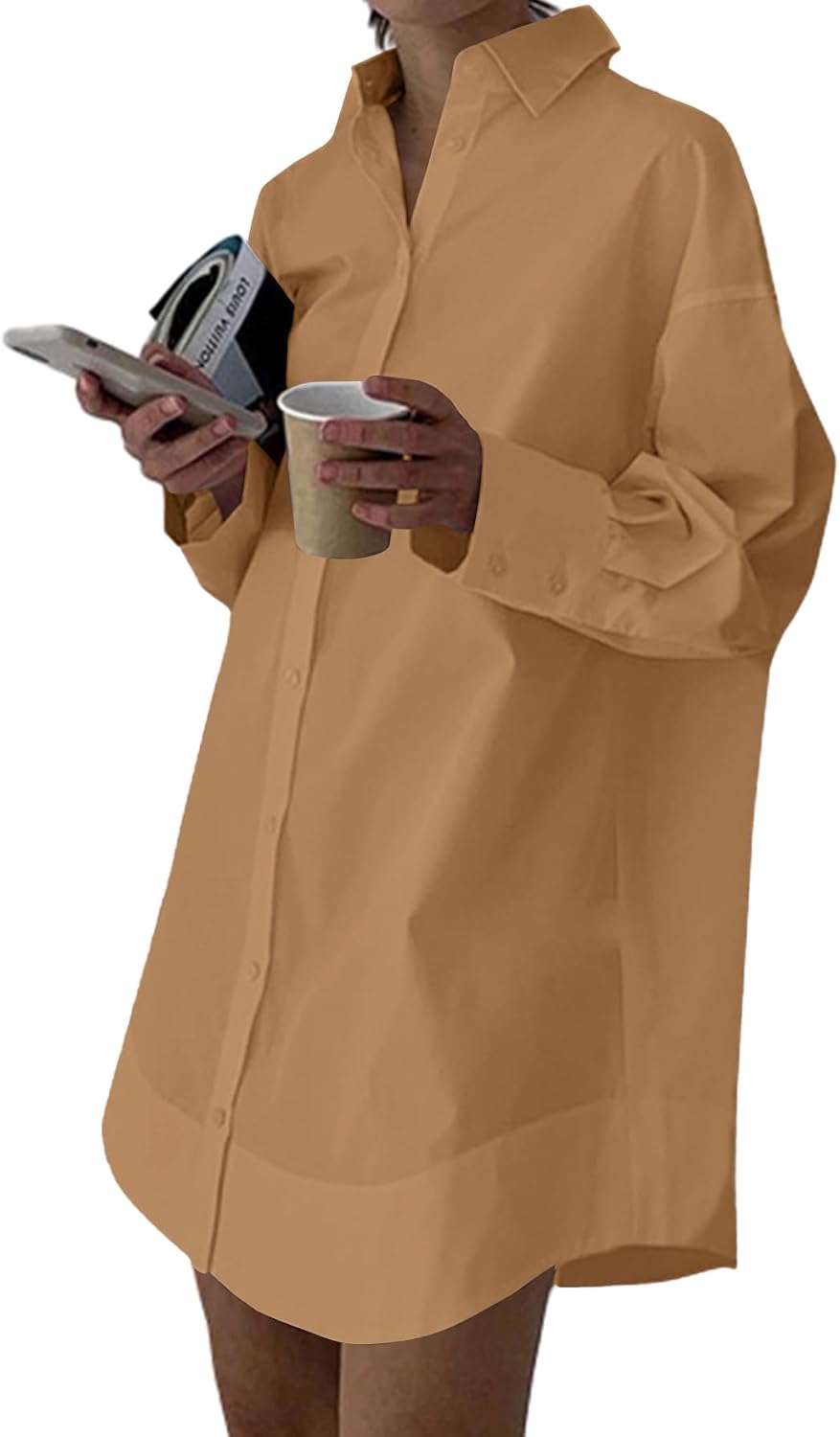 Collared V-Neck Long-Sleeve Button-Down Shirt Dress in Khaki Brown