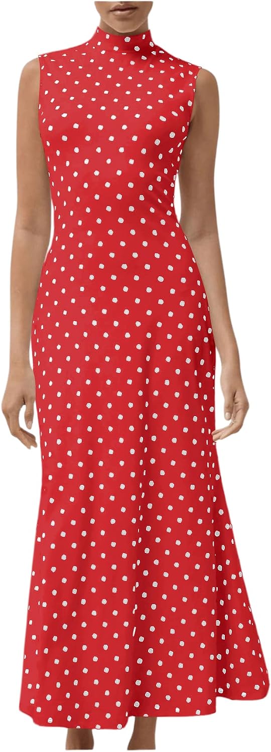 Polka Dot Mock-Neck Sleeveless Maxi Dress in Red
