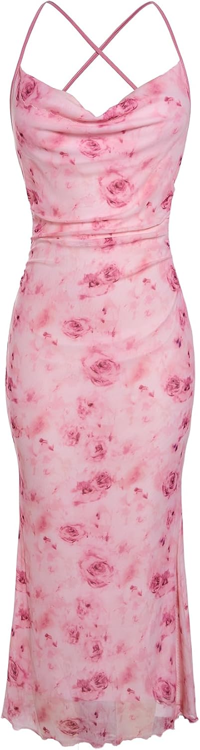 Floral Mesh Cowl-Neck Cami Maxi Dress in Light Pink Floral