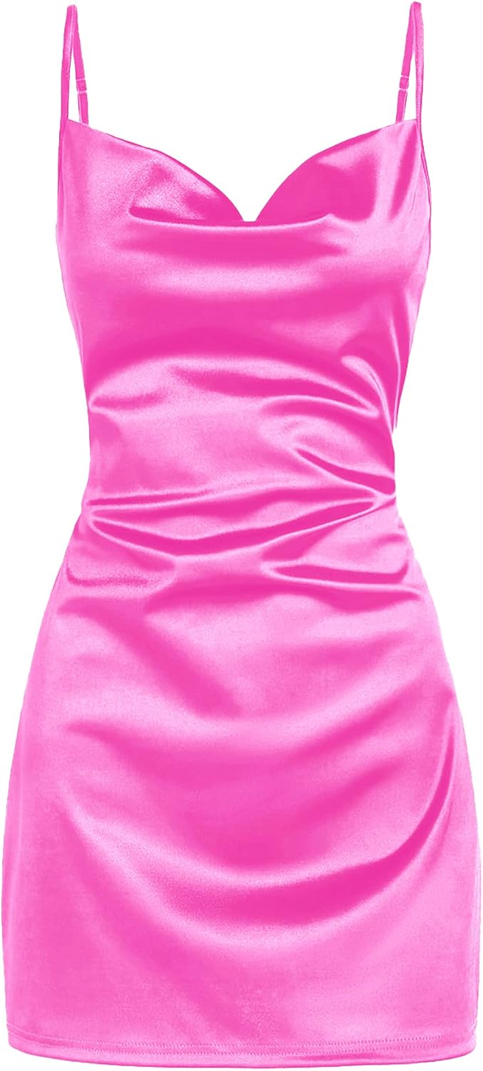 Satin Cowl-Neck Spaghetti Strap Slip Mini Dress in Hot Pink
