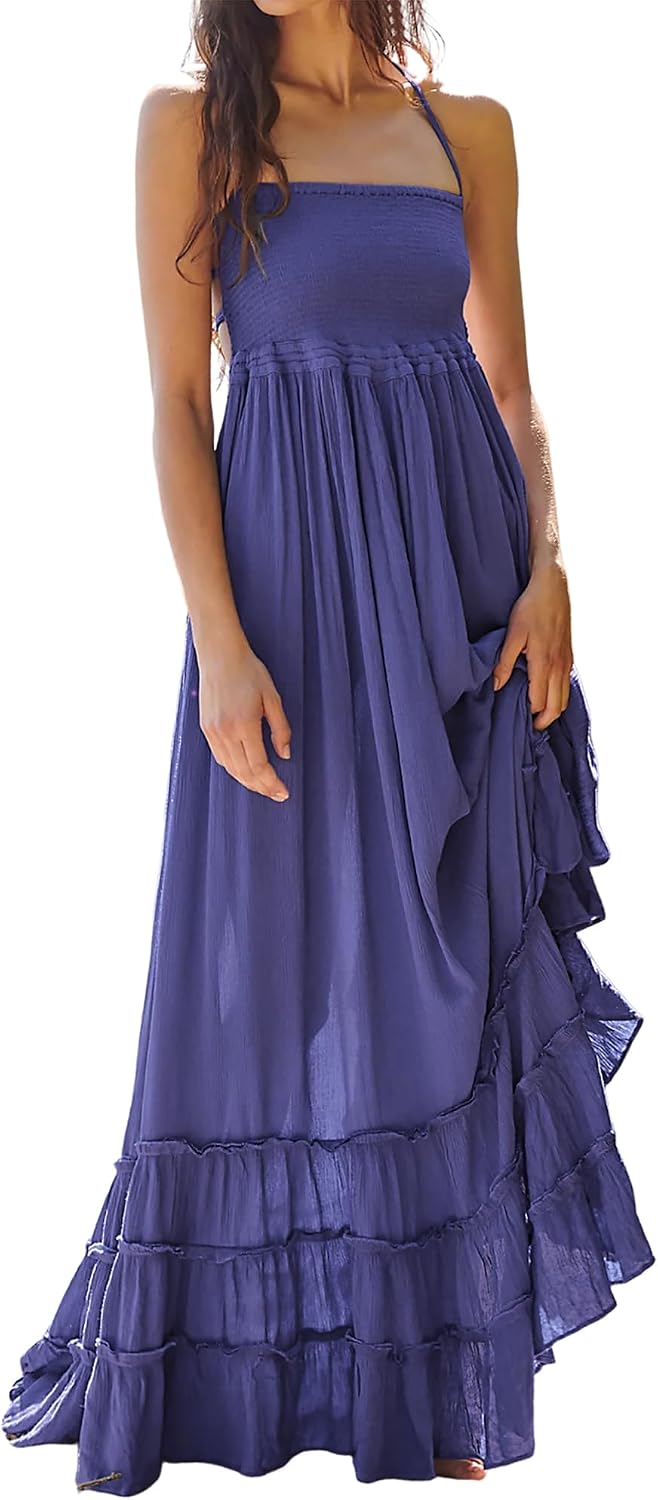 Smocked Ruffle Halter Backless Maxi Dress in Indigo Blue