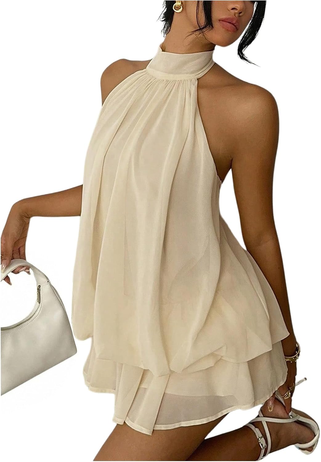 Chiffon Halter Drop-Waist Ruffle-Hem Mini Dress in Beige