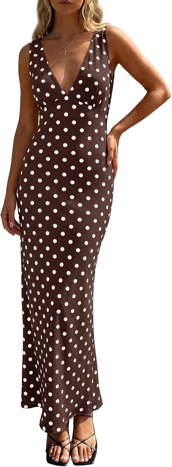 Polka Dot Mesh Deep V-Neck Backless Maxi Dress in Brown