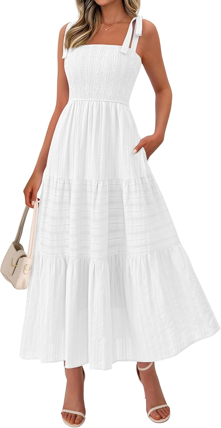 Tie-Strap Smocked Tiered Maxi Sundress in White