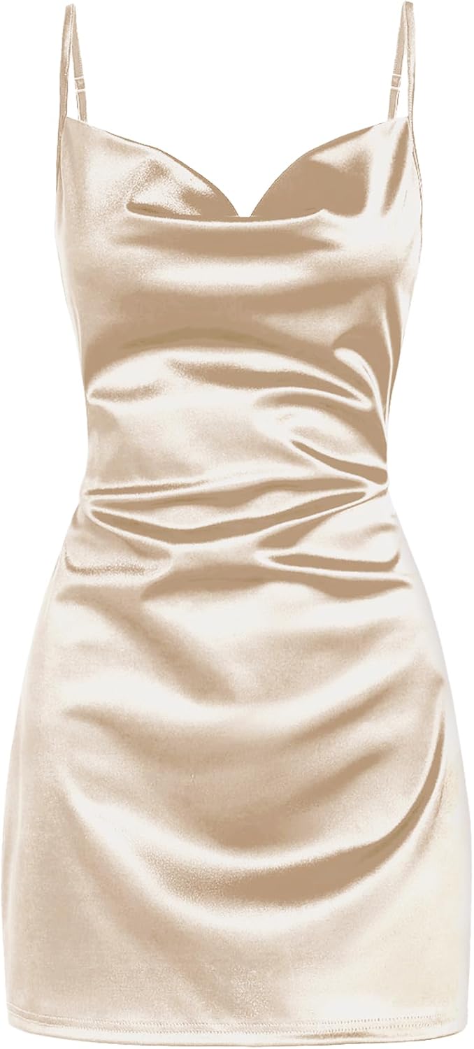 Satin Cowl-Neck Spaghetti Strap Slip Mini Dress in Champagne