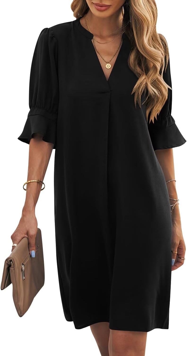 Ruffle-Sleeve V-Neck Swing Shift Mini Dress in Black