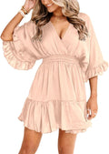 V-Neck Smocked-Waist Ruffle Mini Wrap Dress in Beige