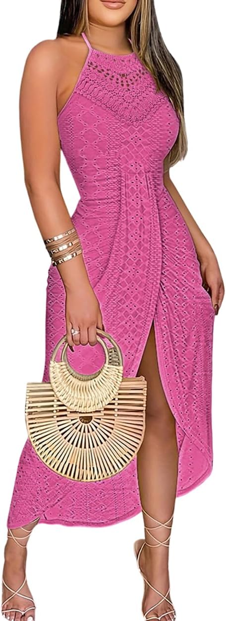 Eyelet Halter Cut-Out A-Line Dress in Hot Pink