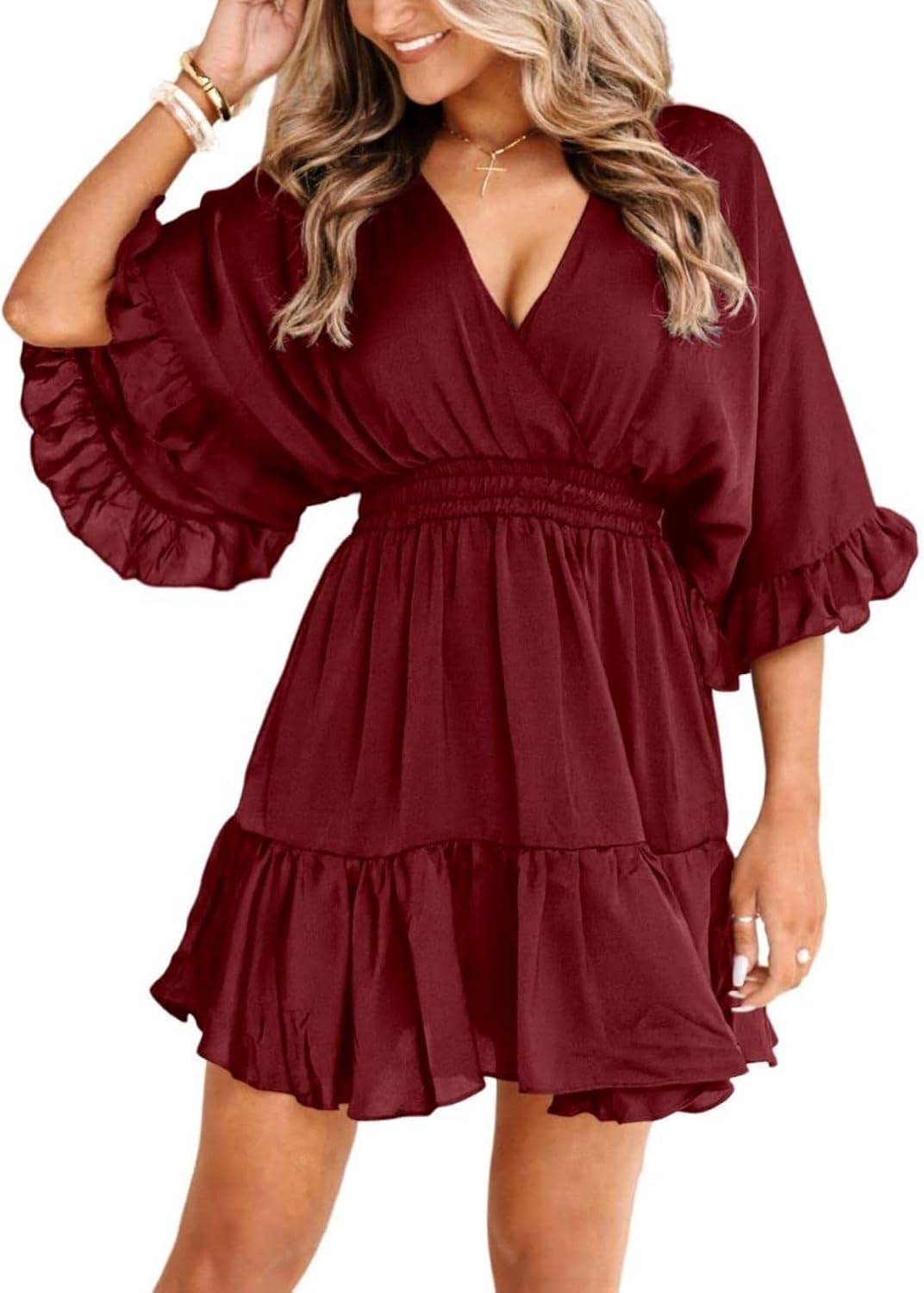 V-Neck Smocked-Waist Ruffle Mini Wrap Dress in Wine Red