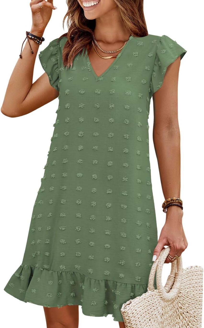 Flutter-Sleeve V-Neck Ruffle-Hem Mini Sundress in Olive
