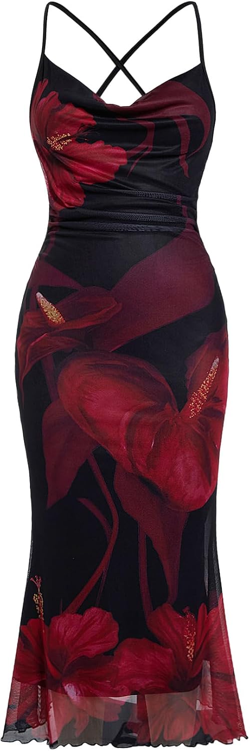 Floral Mesh Cowl-Neck Cami Maxi Dress in Red Floral Print