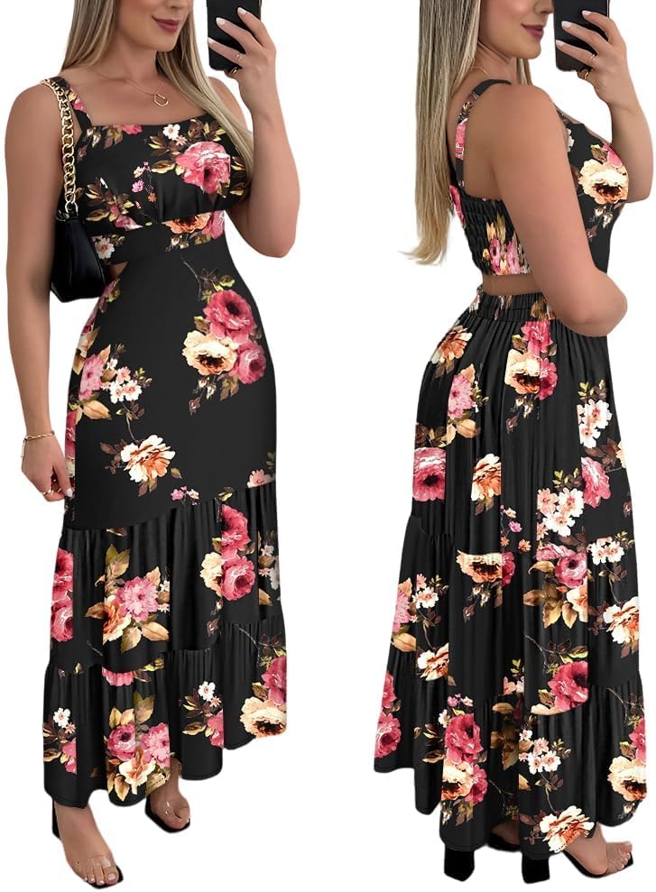 Floral Cut-Out Square-Neck Maxi Sundress in Floral Black