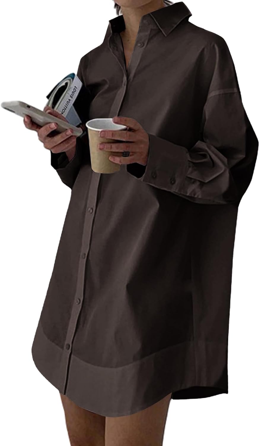 Collared V-Neck Long-Sleeve Button-Down Shirt Dress in Tan