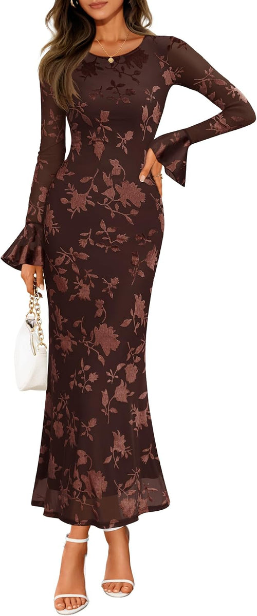 Floral Mesh Bell-Sleeve Bodycon Maxi Dress in Coffee