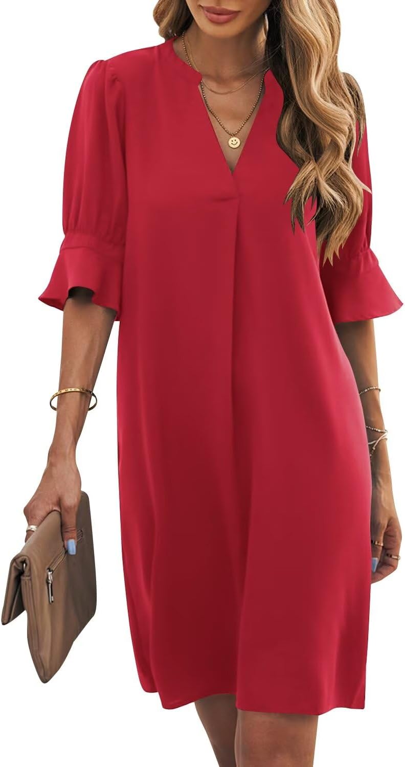 Ruffle-Sleeve V-Neck Swing Shift Mini Dress in Red