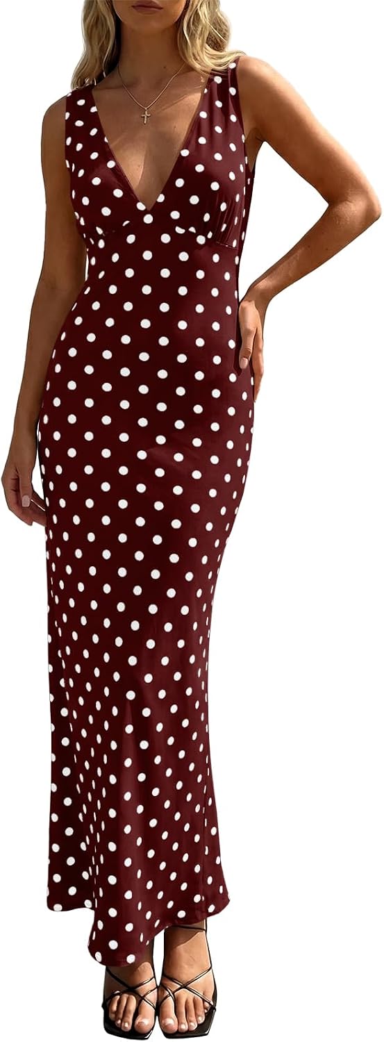 Polka Dot Mesh Deep V-Neck Backless Maxi Dress in Burgundy