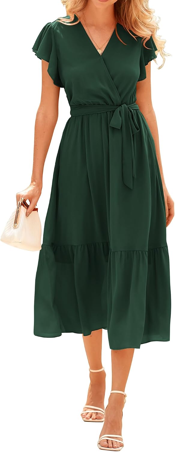 Swiss Dot Wrap V-Neck Belted Midi Dress in Solid Dark Green