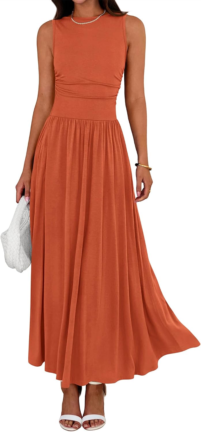 Crew-Neck Ruched Tank Maxi Dress in Orange