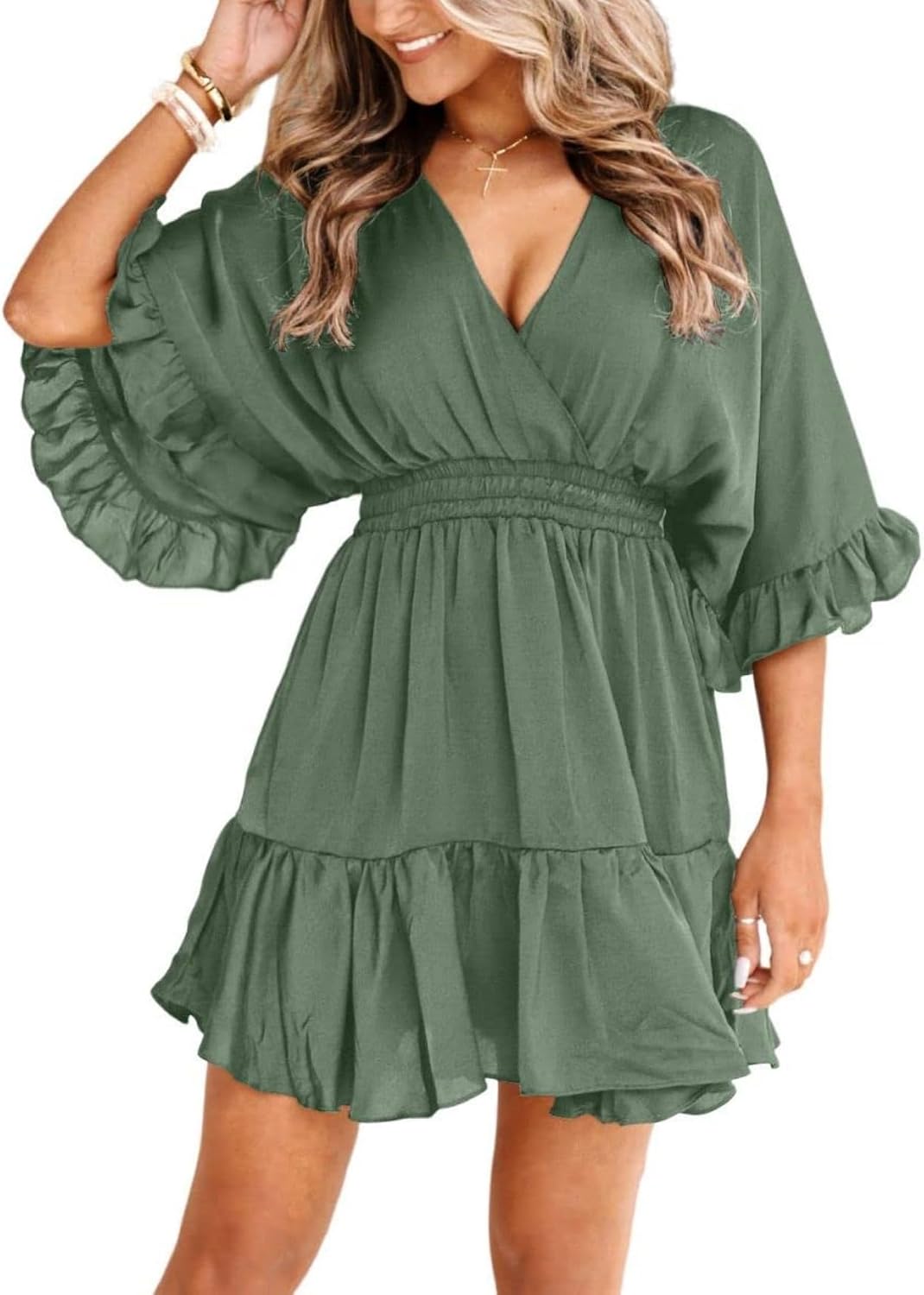 V-Neck Smocked-Waist Ruffle Mini Wrap Dress in Green