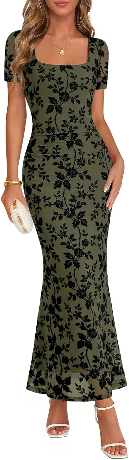 Floral Flocked Mesh Square-Neck Maxi Dress in Army Green