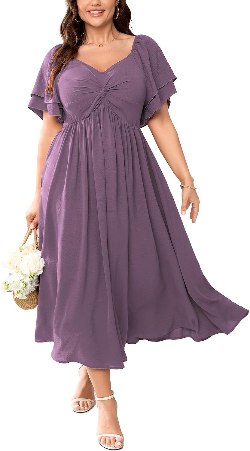 Plus Size Sweetheart Ruffle-Sleeve A-Line Maxi Dress in Lavender