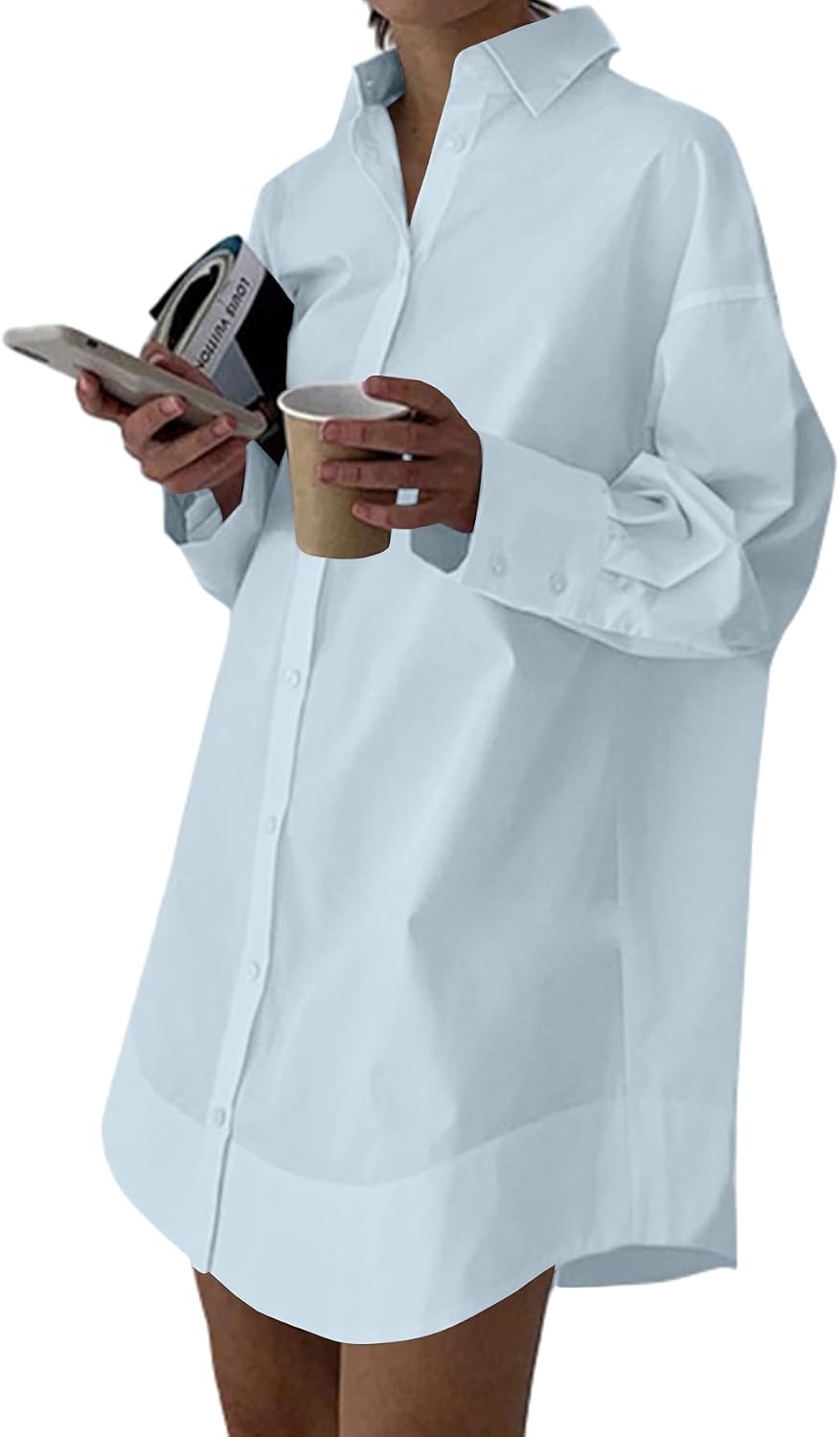 Collared V-Neck Long-Sleeve Button-Down Shirt Dress in Baby Blue